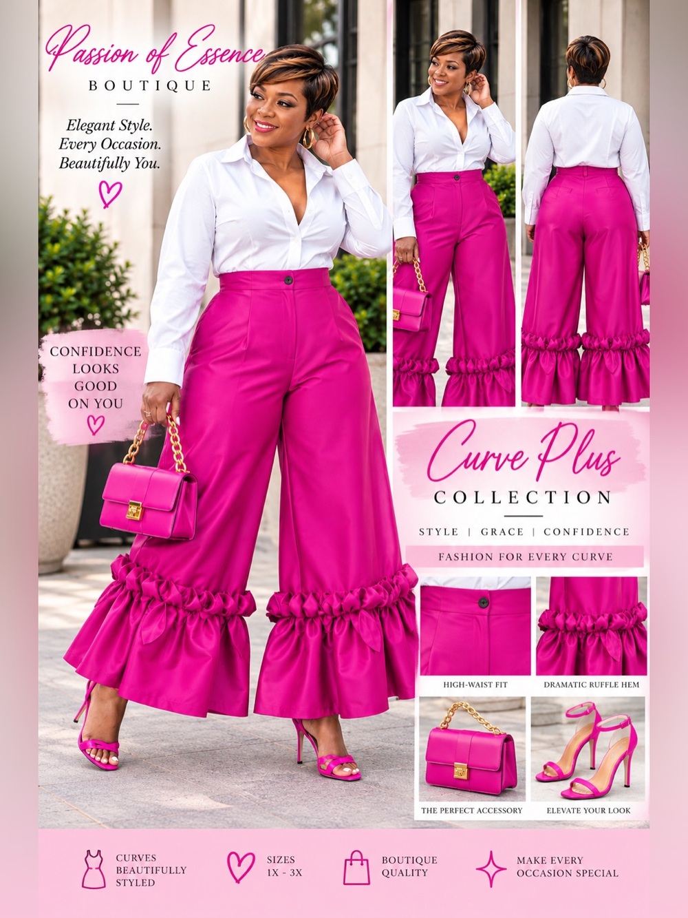 Plus Size Fuchsia Satin Ruffle Hem Wide Leg Statement Pants 1X 2X 3X